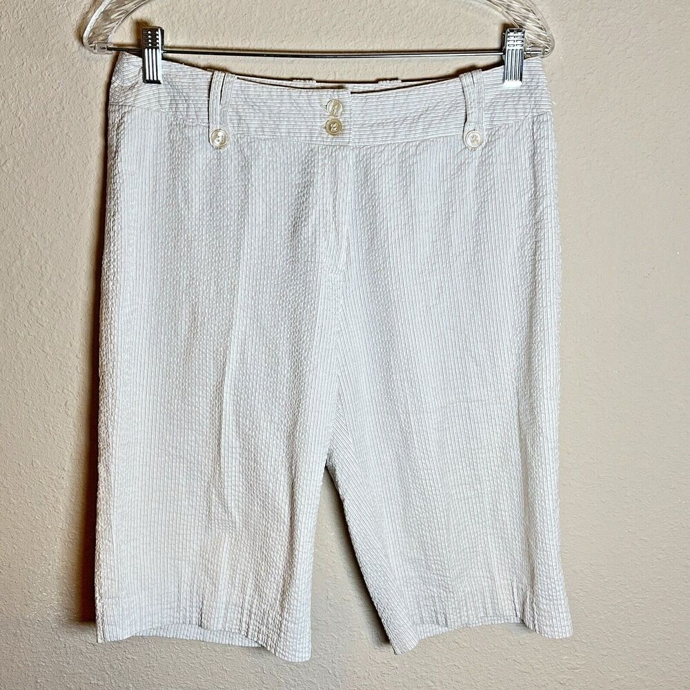 Harve Benard Bermuda‎ Shorts Womens 16P Beige/Brown Seersucker Flat Front Casual